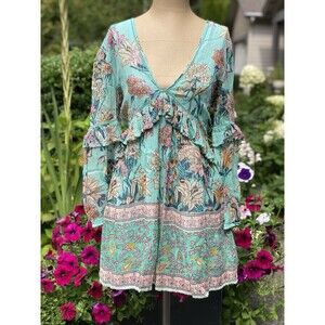 Anthropologie RAGA Turquoise Floral Festival Boho Hippie Dress Women’s Sz M